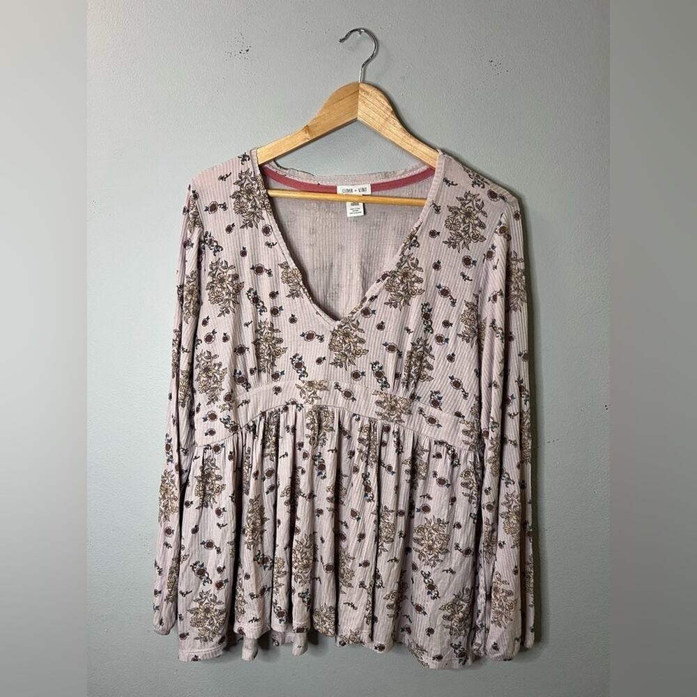 Clover & Scout Top Women’s Size 1X V-Neck Boho Shirt Pink Floral Babydoll